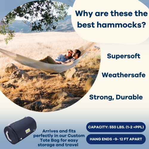 Handwoven Hammock by Yellow Leaf Hammocks - Family Size, Fits 2+ PPL, 550lb max - Weathersafe, Super Strong, Easy to Hang, Ultra Soft, Artisan Made - Color: Natural Khaki - color: Big Sur- Natural Khaki, size: Fits 1-2+ People (550 lb. Capacity)