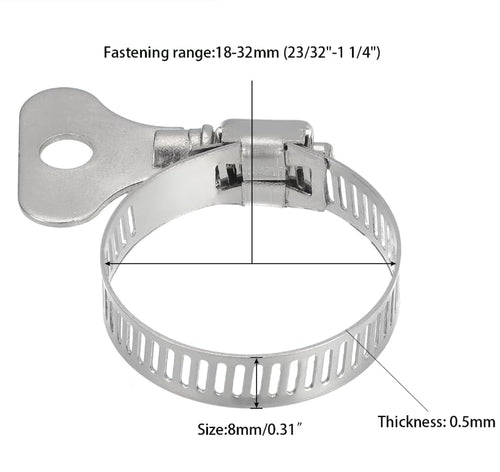 10-Pack 304 Stainless Steel Hose Clamps with Adjustable Thumb Screw, Key-Type Design, 8mm Bandwidth, Ideal for Plumbing, Automotive, and Machinery Applications (Size: 18-32mm (23/32"-1 1/4") - size: Size:18-32mm(0.709"-1.26")