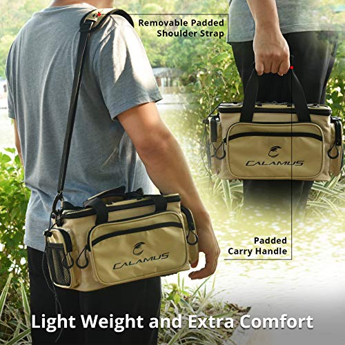 Calamus Fishing Tackle Bags - Fishing Bags for Saltwater or Freshwater Fishing - Rip-Stop PE - Padded Shoulder Strap - Pliers Storage -Khaki - color: C：Khaki(without trays)-14.3*9*7.5 inches