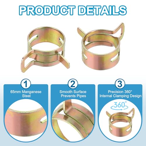 PATIKIL Spring Band Hose Pipe Clamps for 20-24 mm OD Hose, 30 Pack Silicone Vacuum Constant Tension Band Clips for Fuel Line Silicone Air Hose Tube Water Pipe, Gold - size: 20-24 mm
