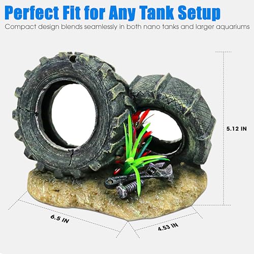 Aquarium Resin Decorations, Tree House Ornament-Tire Scene, Aquarium Decor for Glofish, Betta Accessories, Turtle Hideouts, Aquarium Plants, Ornaments & Fish Tank Accessories (Tire landscape) - color: Tire Landscape