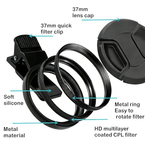 37mm Clip-On CPL Filter Circular Polarizing Lens Kit to Eliminate Glare & Boost Color, Optical Multi-Coated Glass with Universal Clip for Mobile Photography for Android Phone iPhone 6 7 8 9 10 11 12