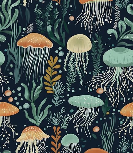 Laatse Blue Jellyfish Wallpaper Peel and Stick, Vintage Sea Ocean Contact Paper 17.5" x 118", Seaweed Wall Paper Self Adhesive Removable Waterproof for Children's Room Bathroom Shelves Cabinet Table - color: Dark Blue/Orange, size: 17.5" x 118"