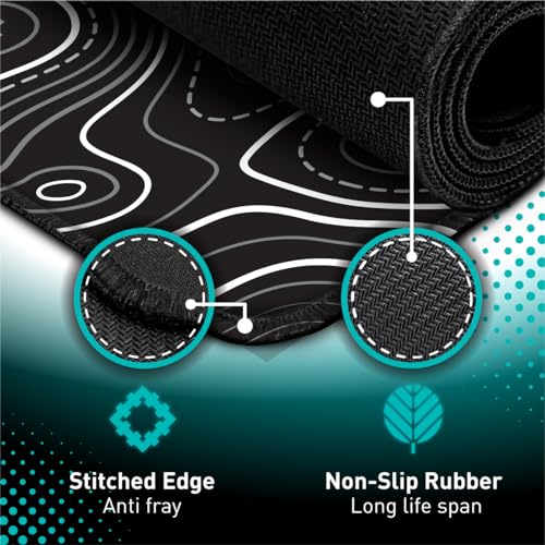 Pixiecube Minimalist Topographic Map Mouse Pad - Contour Extended Large Stitch Edge Mousepad. Black & White Non-Slip XXL Gaming Desk Mat - color: Black Topographic, size: 31.5L x 11.8W inches