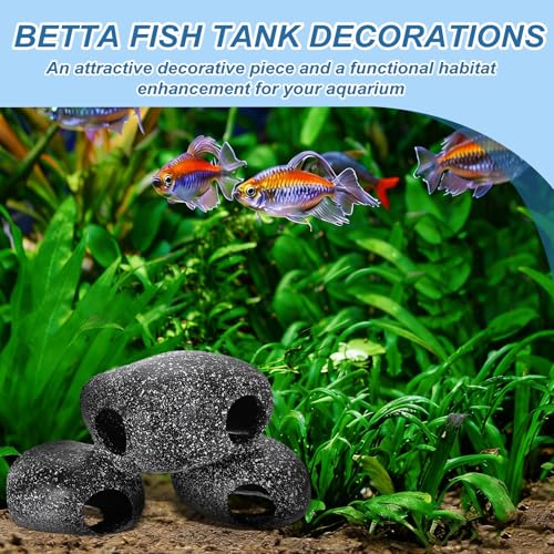 Aquarium Decorations Rocks, 7.1x3x4.1/6.9x2.8x5.5 Inch Betta Hide Resin Realistic Fish Tank Ornaments, 2Pcs(Grey), Intended for Small Fish/Shrimp/Guppy - size: 7.1x3x4.1 Inch/6.9x2.8x5.5 Inch