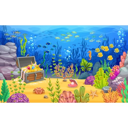 Cartoon Underwater Landscape Aquarium Background Pirate Treasure Chest with Fish Shoal Terrarium Background Ocean Coral Reef Blue Sea Waves Fish Tank Backdrop Under The Sea Theme Backdrops 30x12in - color: Marine Blue, size: 30(W)x12(H)in