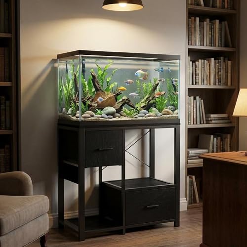 20-29 Gallon Fish Tank Stand with Power Outlets, Heavy Duty Metal and Wood Aquarium Stand with 2 Drawer and Sturdy Legs - color: Black, size: 31.5