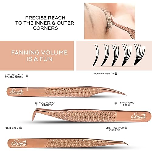 Eyelash Extension Tweezers Fiber Tips, Set of 6, Curved, Dolphin, 90 Degree 45 Degree, Volume Boot & Slight Curved Tweezer, Rose Gold