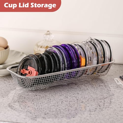 2Pack Stainless Steel Tumbler Cup Lid Organizer Inside Cabinet, Mason Jar Lid Holder, Rectangular Basket for Storage of Silverware, Chopsticks, straws and Utensils - style: SilverModern-2pack