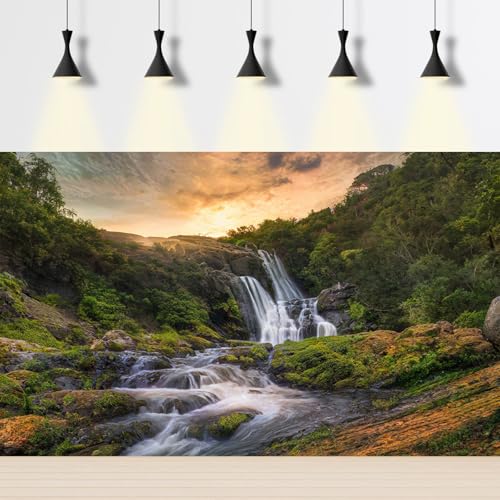 Sunset Waterfall Aquarium Background Majestic Jungle Rainforest Fish Tank Background Majestic Cascading Waterfalls Terrarium Backgrounds Tranquil Stream Green Forest Reptile Tank Backgrounds 24x12in - color: Brown_Green, size: 24(W)x12(H)in