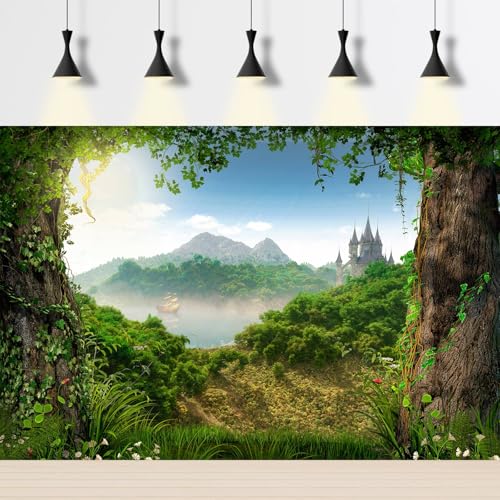 Forest Aquarium Background Fairytale Castle Tranquil Lake Fish Tank Background Tropical Rainforest Natural Landscape Terrarium Background Mountains Blue Sky Reptile Habitat Background 48x24in