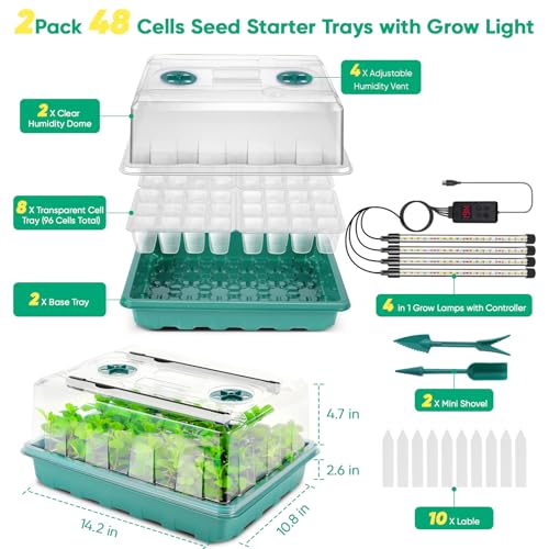 96 Cell Seed Starter Tray with Grow Light, Seed Starting Trays with Adjustable Humidity Dome, Seed Starter Kit Plant Starter Kit for Seeds Growing Starting, Indoor Gardening (No Self-watering)