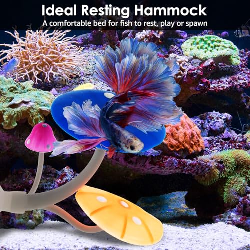 2Pcs Betta Fish Mushroom Hammock with 30 Luminous Stone Soft Silicone Aquarium Rest Bed with Suction Cup Colorful Lifelike Mushroom Tank Decor Fish Breeding Playing Pad for Aquarium Fish Tank(Blue)