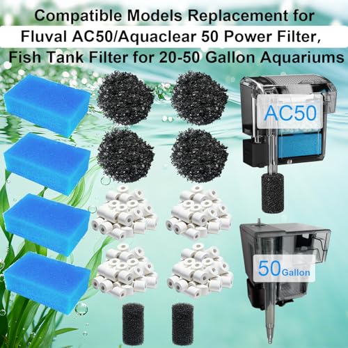 4-Set Complete 3-Stage Filter Media Kit Replacement for Fluval AC50/Aquaclear 50 Power Filter – Includes Foam, Biomax & Carbon for Freshwater & Saltwater Aquariums & Fish Tanks - size: For AC50