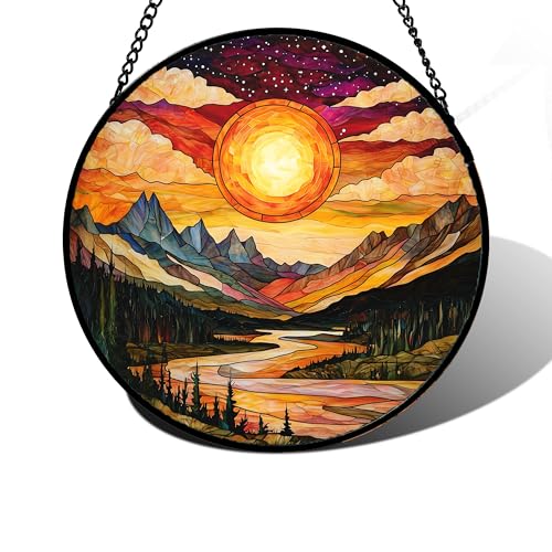DASTOLL Stained Glass Window Hanging, Dusk Sunset Landscape Sun Catchers Glass Panel Lakes and Mountains Suncatcher Decor for Birthday for Women, Men, Wife, Aunt, and Mom 6.3 in - color: Golden Red, size: 6.3x6.3 IN