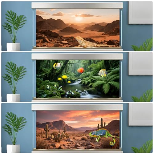 3 Pack Terrarium Background 36x18 inches Polyester Reptile Background，Gobi Sunshine Cactus Stone & Green Tree Fern Stream Terrarium Background - size: 36 x18 inches