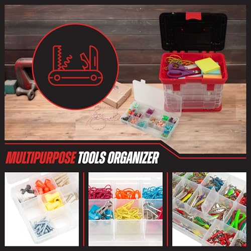 Portable Tool Box - Small Parts Organizer with Drawers and Customizable Compartments for Hardware, Fishing Tackle, Beads, or Crafts by Stalwart (Red)