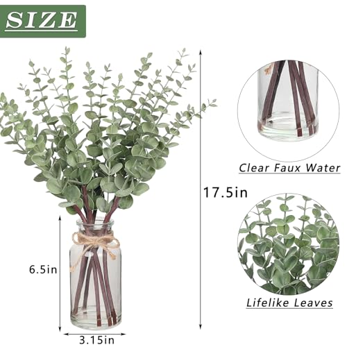 VIERENA 17.5" Artificial Eucalyptus Stems in Glass Vase with Faux Water,Fake Plant Eucalyptus Leaves White Seeds for Centerpiece Table Decorations Farmhouse Wedding Home Greenery Decor (Sage Green)