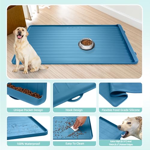 Dog Mat for Food and Water - 39.4" x 27" Large Pet Feeding Mats with Residue Collection Pocket - Waterproof Dog Cat Bowl Mat with High Edges to Prevent Water and Food Spills (Navy) - color: Navy