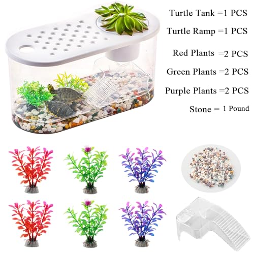 Small Turtle Tank with Basking Platform, Decor Stones and Water Grass, Aquarium Habitat with Plant Holder - color: White