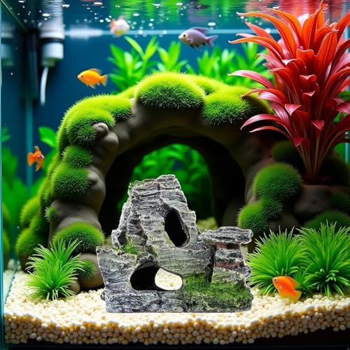 Resin Aquarium Mountain Decor with Moss Rock Cave - Multi-Level Terrain for Fish Tank Landscaping, Natural-Looking Rockery Design with Hidden Cave and Crevices for Shrimp
