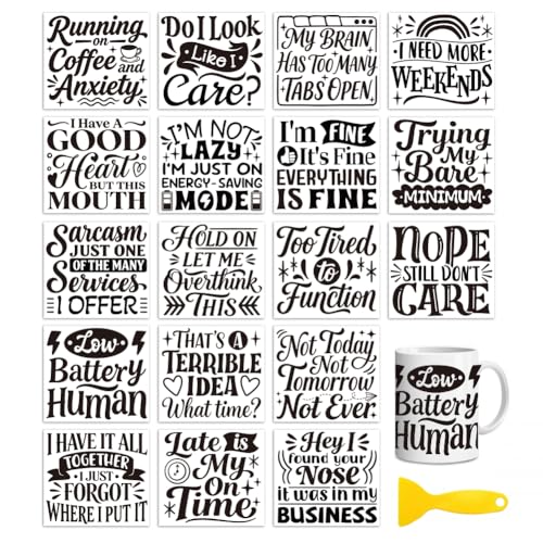 Peacoblue 18 Sheets Rub on Transfers for Crafts, Funny Satirical Quotes 3.6"x3.9" UV DTF Cup Wraps Waterproof Cold Transfers Stickers for Wood Glass Metal Cup Tumblers Mirrors Mugs Home Decor - style: Funny Satirical Quotes