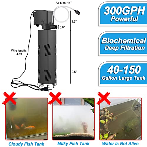TARARIUM Aquarium Filter for 55-150 Gal. Tank Crystal 300GPH Biochemical Filtration Powerful Pump Submersible Internal Fish Tank Filters Large Tank Pond Clear Wavemaker Air Supply 4 in 1 - size: JP-024F(300GPH)for 55~150 Gallon Tank