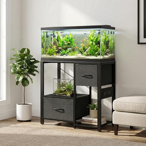 20-37 Gallon Aquarium Stand with Power Outlets & 2 Storage Drawers, Heavy Duty Metal Fish Tank Stand for Fish Tank Accessories, 3 Tier Tank Stand Fish Tank Shelf, 400lbs Capacity, Black