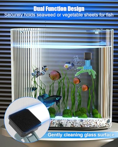 Magnetic Seaweed Feeder Clip, Aquarium Algae Nori Holder with Cleaning Brush, Fish Tank Feeding Accessory for Saltwater Freshwater Goldfish and Aquatic Pets