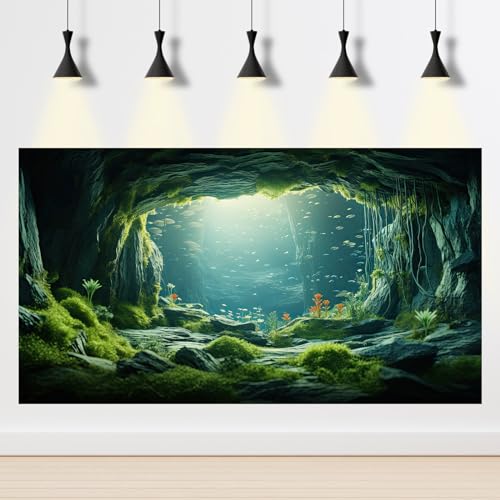 Underwater Cave Aquarium Background Under The Sea World Large Rock Fish Tank Background Aquatic Plant Lush Green Moss Reptile Tank Backgrounds Cave Landscape Reptile Enclosure Background 48x18in - color: Bright Green, size: 48(W)x18(H)inches/ 120(W)*45cm(