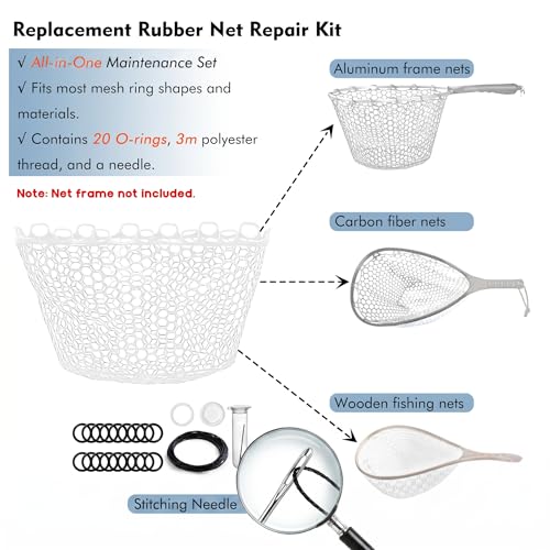 Riverruns Rubber Net Replacement with Repair Kit Fly Fishing Net Replacement Knotless Netting Bag for Rubber Fishing Net, Catch & Release