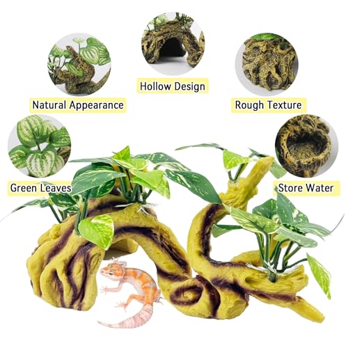 PINVNBY Reptile Branches for Climbing,Resin Crested Gecko Climb Branch with Hideout Cave Lizard Terrarium Habitat Plant Decor Bearded Dragon Tank Accessories for Snake Gecko Spider Frog(Yellow) - color: 【Yellow】