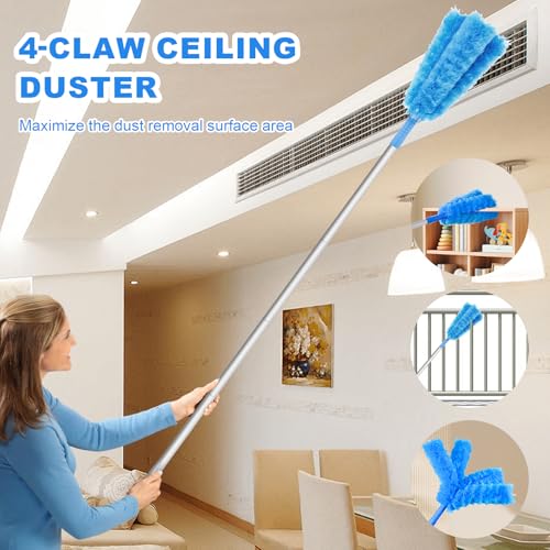 Storystore Ceiling Fan Cleaner Duster - Adjustable Duster with Extension Pole,Dusters for Cleaning Fan Blade, Walls and Cobweb (Round / 4Claw) - color: Round&4-claw-blue