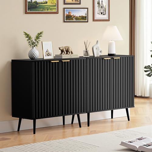 Fluted Storage Cabinet, Buffet Cabinet with Storage, Wood Sideboard with Adjustable Shelf, Modern Accent Cabinet & Console Table for Entryway, Living Room, Dining Room, Black - color: Black丨fluted Panel, size: 1 Piece