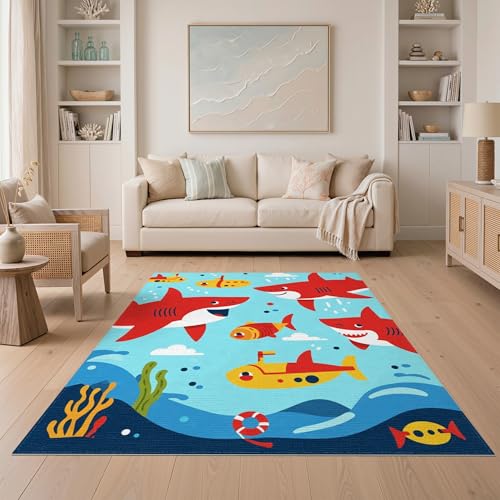 5'x7' Washable Kawaii Shark Area Rug, Red Flatwoven Floor Covering for Dining Room, Under Table, Home Office, Non-Slip Chair-Friendly Carpet | Ref:2070041 - color: Blue/Pattern 18, size: 5' x 7' (Rectangular)