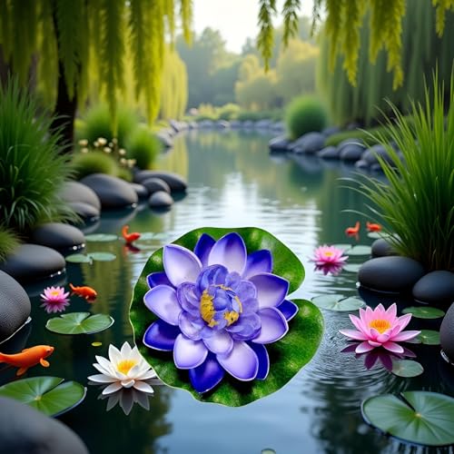 Artificial Floating Foam Lotus Flower with Water Lily Pad,Lifelike Pond Pool Lotus Ornaments,Realistic Ornament for Home Garden Pond Aquarium Decor，Artificial Plants and Flowers (Blue) - color: Blue