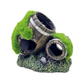 Moss-Covered Twin Broken Barrels Aquarium Decor – Resin Fish Tank Hideout with Artificial Moss for Betta, Shrimp & Small Fish