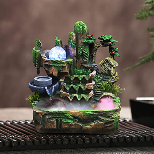 Indoor Rockery Waterfountain, Desktop Fountain Waterfall with 3-Color LED, Atomizing Humidifier and Rotating Ice Crack Ball, Ideal Decor for Study Tea House Restaurant Office Living Room (A) - size: A