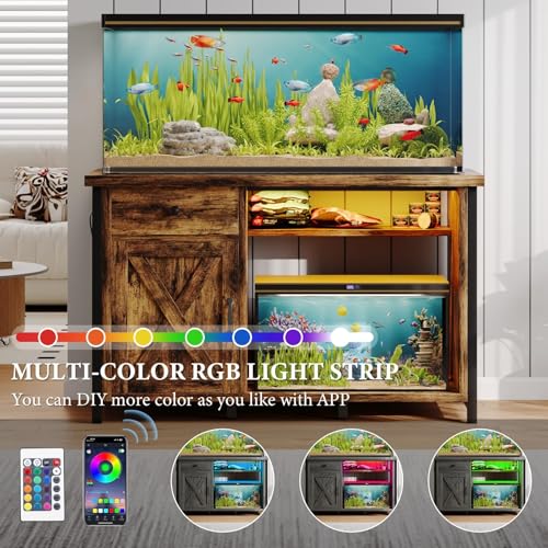 4ever2buy 55-75 Gallon Fish Tank Stand with Power Outlets, LED Light, Heavy Duty Aquarium Stand with Cabinet for Fish Tank Accessories Storage, for Turtle Tank, Reptile Terrarium, 1100LBS, Black - color: Brown and Black