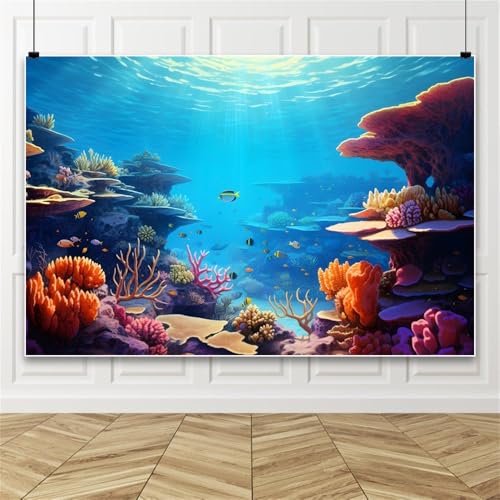 Underwater Aquarium Background 10X8ft Tropical Coral Reef Ocean Scene Under The Sea Theme Decoration Backdrop Kids Birthday Party Baby Shower Portrait Photo Studio Photo Shoot Banner Supplies - color: Ocean-1