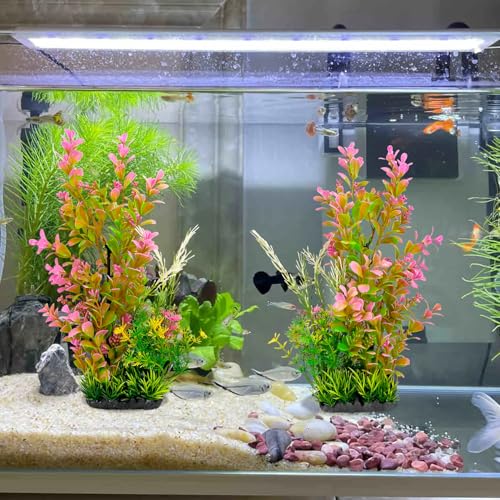 Aquarium Plants 2-Pack, 11.8in Artificial Plastic Fish Tank Decor, Moderate Size Aquarium Decorations, Safe Green Fish Tank Plants for Freshwater Tanks (Pink & Green Gradient) - color: Pink & Green Gradient