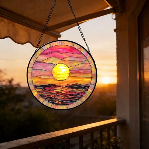 DASTOLL Stained Glass Window Hanging, Sunrise Sea Surface Sun Catchers Diamond Glass Panel Hangings Abstract Suncatcher Decor for Birthday for Women, Men, Wife, Aunt, and Mom 7.8 in - color: Gold, size: 7.8x7.8 IN