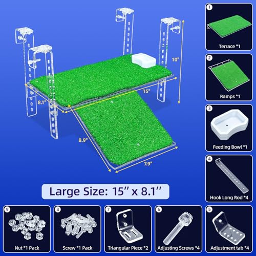 Adjustable Hanging Turtle Dock with Anti-Slip Artificial Grass Basking Platform Sturdy Acrylic Ramp for Aquatic Turtles, Compatible with Various Tank Sizes, Easy Setup Transparent, 15 Inch - size: 15x8.1 Inch