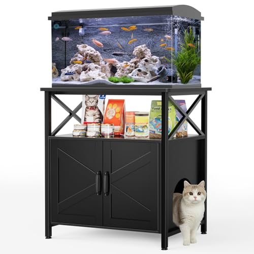 GDLF 20-29 Gallon Cat Fish Tank Stand with Cat Litter Box Enclosure Furniture, Aquarium Terrarium Stand with Shelf Storage,30.7" Lx 17.32" W Tabletop, 330 lbs Capacity, Black - size: 20-29 gallon
