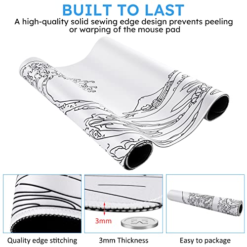 iCasso White Mouse Pad, Extended Gaming Mouse Pad (35.4x15.7 in), Large Stable Rubber Base Mousepad with Stitched Edges, Keyboard Mouse Mat Desk Pad for Work, Game, Office, Home - color: White Wave of Kanagawa