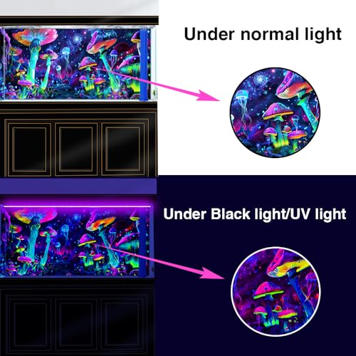 60X24IN Blacklight Aquarium Background UV Reactive Mushroom Background Starry Sky Terrarium Background with 10 EVA Double-Sided Tape - size: 60X24in/150X60cm