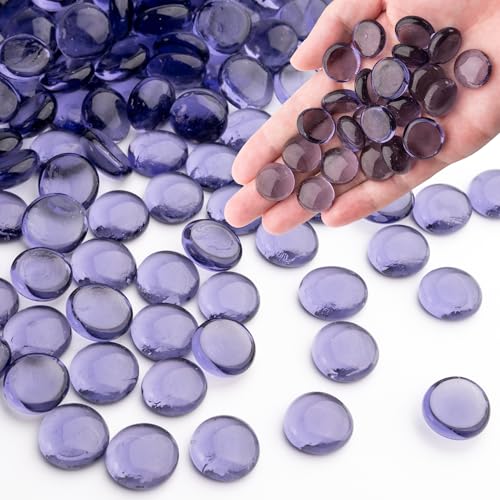 Purple Glass Marbles, 0.97 LB Transparent and Smooth Flat Glass Beads for Vases, Mosaic Gem Pebbles for Aquarium Decor, Floral Arrangements, Mancala Stones, Vase Filler and Crafts (Approx. 80-100 PCS) - color: Purple