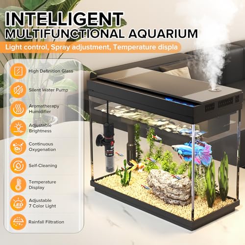 Fish Tank, 2.4 Gallon Fish Aquarium, Fish Tank Starter kit with Smart Humidifier, Temperature Display, 7-Color Lighting, 3 in 1 Quiet Pump with Filteration & Oxygenation & Circulation - color: Black