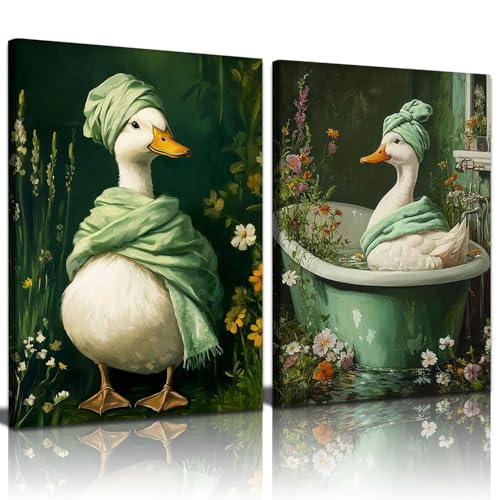 2 Pcs Dark Green Duck Canvas Wall Art Botanical Moody Wildflowers Posters Print Spa Duck in Bathtub Pictures Artwork Vintage Floral Wall Paintings for Bathroom Toilet Restroom Decor 16x24 Inch