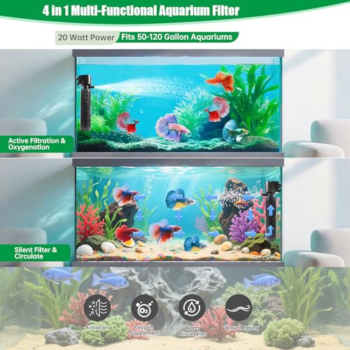 20W Submersible Aquarium Filter for 50–120 Gallon Fish Tanks, Quiet Operation Internal Pump, Energy Efficient, Easy to Install & Maintain, for Freshwater or Saltwater, Comes with Sponge Filter - size: 20W for 40-50 Gallon Tanks